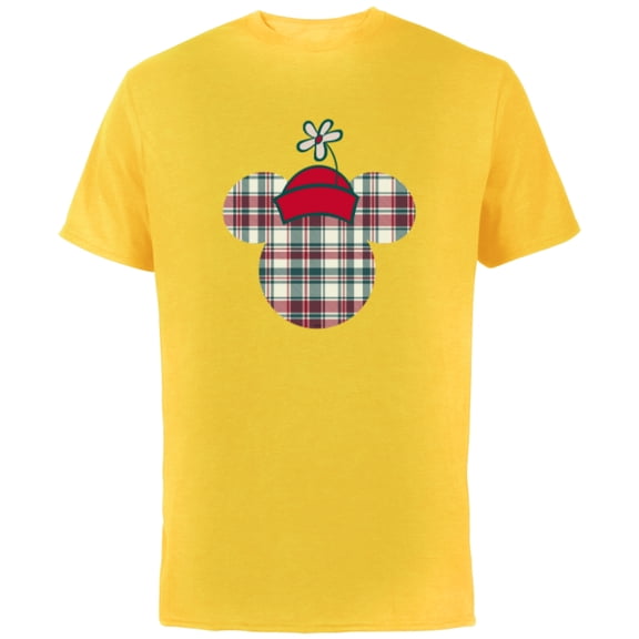 Disney Minnie Mouse Head Icon Christmas Holiday Plaid - Short Sleeve Cotton T-Shirt for Adults - Customized-Yellow
