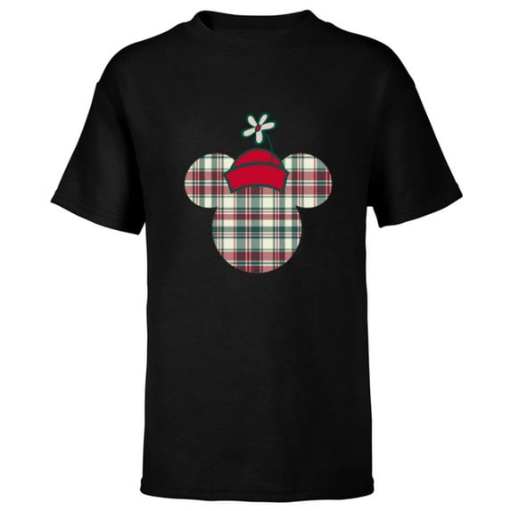 Disney Minnie Mouse Head Icon Christmas Holiday Plaid - Short Sleeve T-Shirt for Kids - Customized-Black
