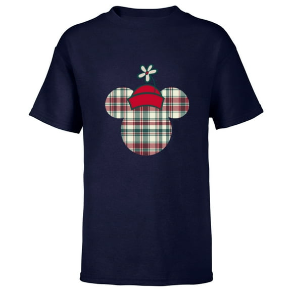 Disney Minnie Mouse Head Icon Christmas Holiday Plaid - Short Sleeve T-Shirt for Kids - Customized-Navy