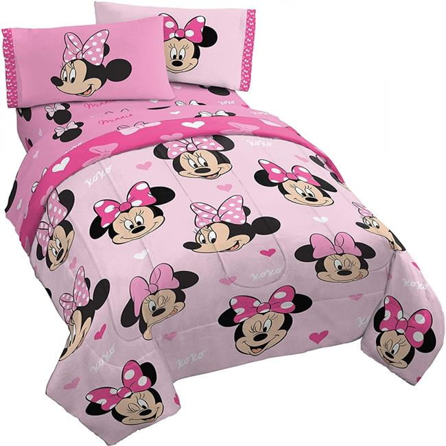 Minnie Mouse 817763 Disney Character All Over Reversible Twin Bed Set, Pink & White - 4 Piece