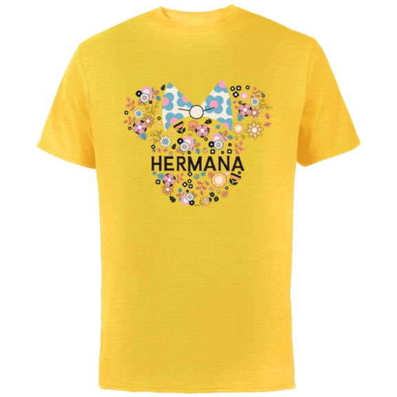 Disney Minnie Mouse Hermana Icon Flowers Spanish Family Trip- Short Sleeve Cotton T-Shirt for Adults - Customized-Yellow