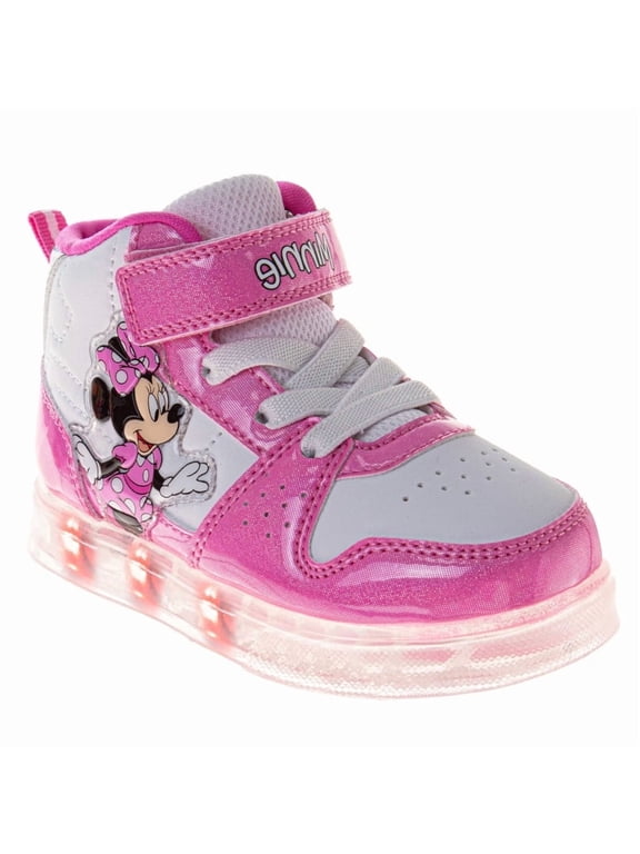 Minnie Mouse High Top Sneakers Girls, Bow Detail Fashion Casual Wear Durable Canvas Ankle Support (Toddler Little Kid), Pink White, Size: 6
