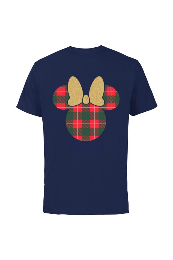 Minnie Mouse Icon Holiday Plaid & Gold Bow - Short Sleeve Cotton T-Shirt for Adults - Customized-Navy