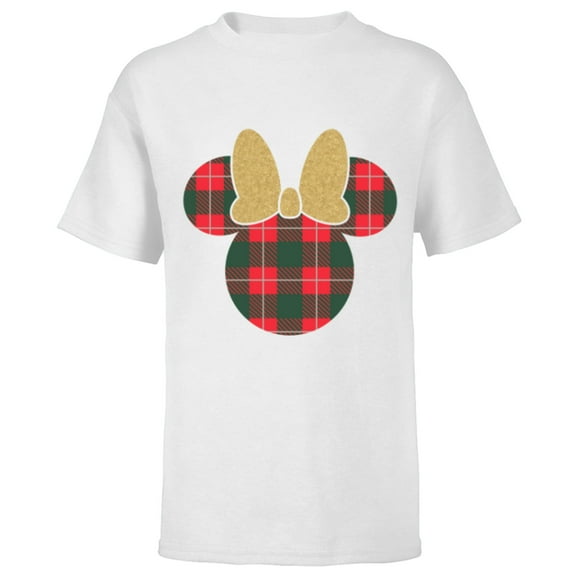 Disney Minnie Mouse Icon Holiday Plaid & Gold Bow - Short Sleeve T-Shirt for Kids - Customized-White