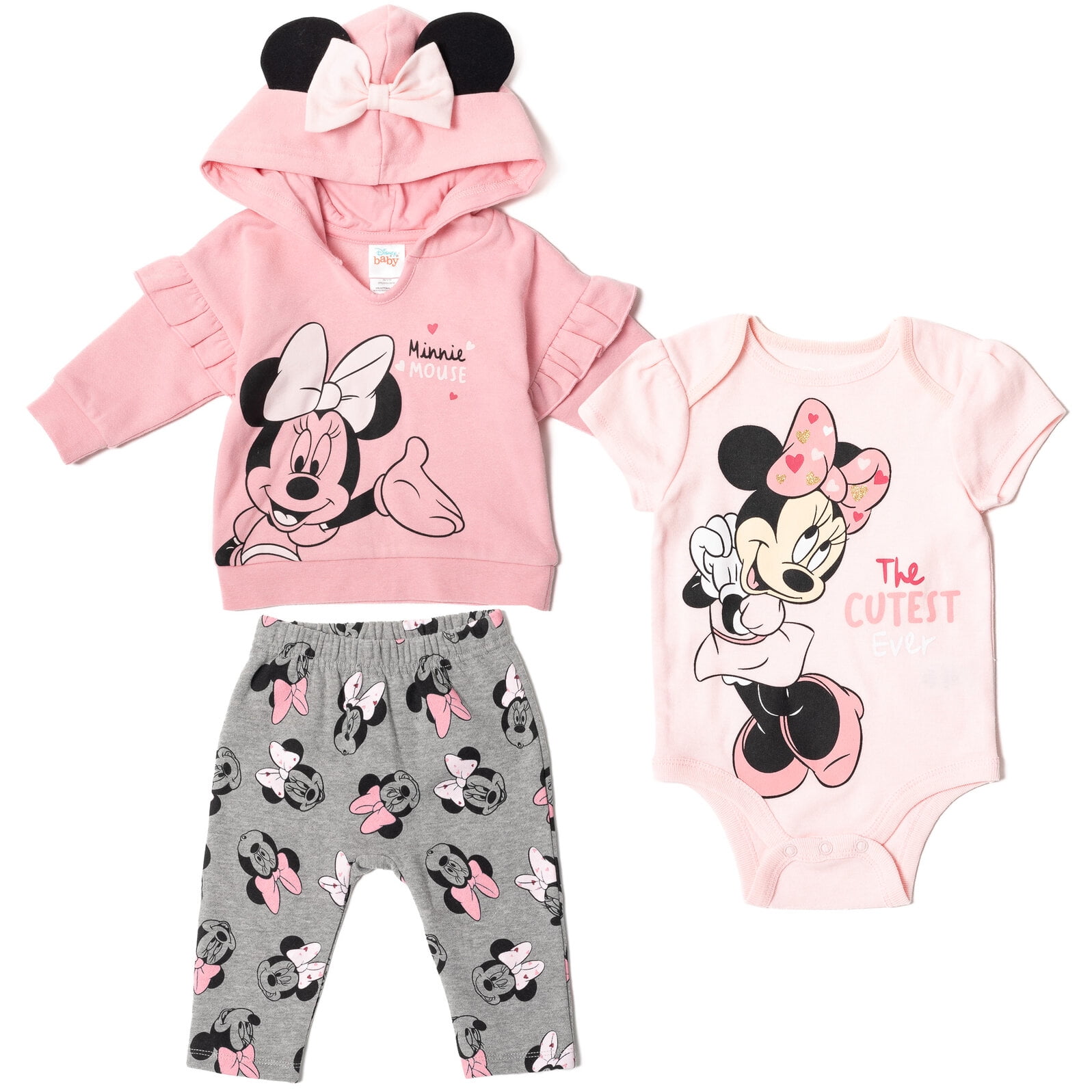 Disney Minnie Mouse Infant Baby Boys or Girls Fleece Pullover Hoodie Bodysuit and Pants 3 Piece Outfit Set Newborn to Infant