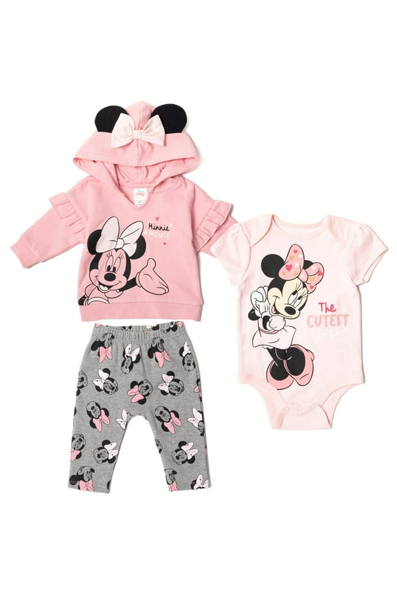Minnie Mouse Infant Baby Boys or Girls Fleece Pullover Hoodie Bodysuit and Pants 3 Piece Outfit Set Newborn to Infant