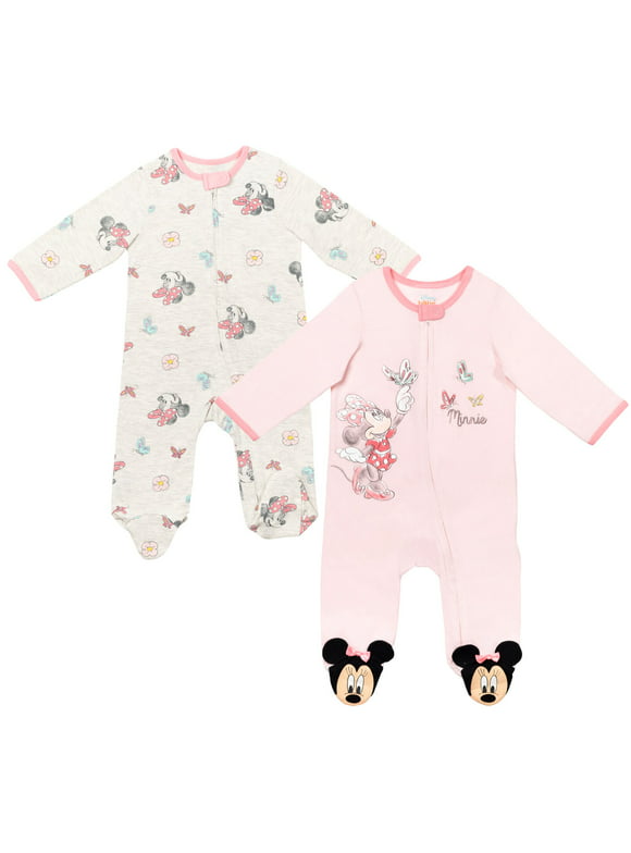 Disney Minnie Mouse Infant Baby Girls 2 Pack Zip Up Sleep N' Plays Newborn to Infant