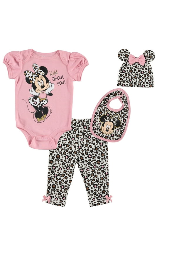 Minnie Mouse Infant Baby Girls Bodysuit Pants Bib and Hat 4 Piece Outfit Set Newborn to Infant