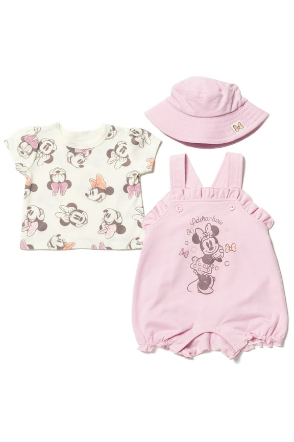 Minnie Mouse Infant Baby Girls French Terry Short Overalls T-Shirt and Hat 3 Piece Outfit Set Newborn to Infant