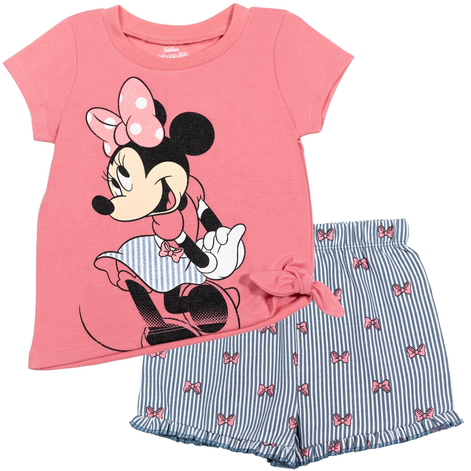 Disney Minnie Mouse Infant Baby Girls T Shirt and Chambray Shorts Outfit Set Coral Blue Pin Stripes Bows 18 Months
