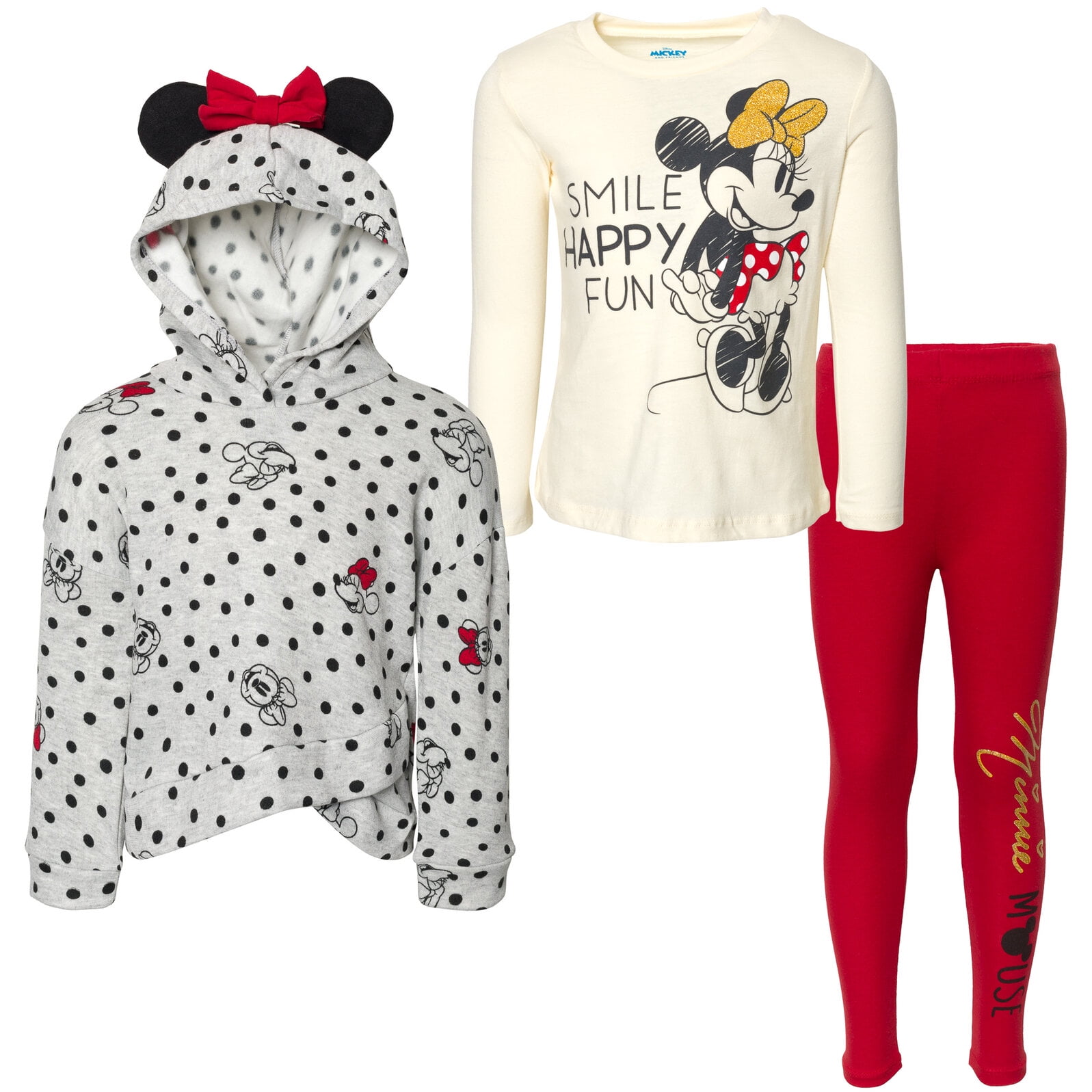 Disney Minnie Mouse Infant Baby Girls Pullover Crossover Fleece Hoodie T-Shirt and Leggings 3 Piece Outfit Set Infant to Big Kid