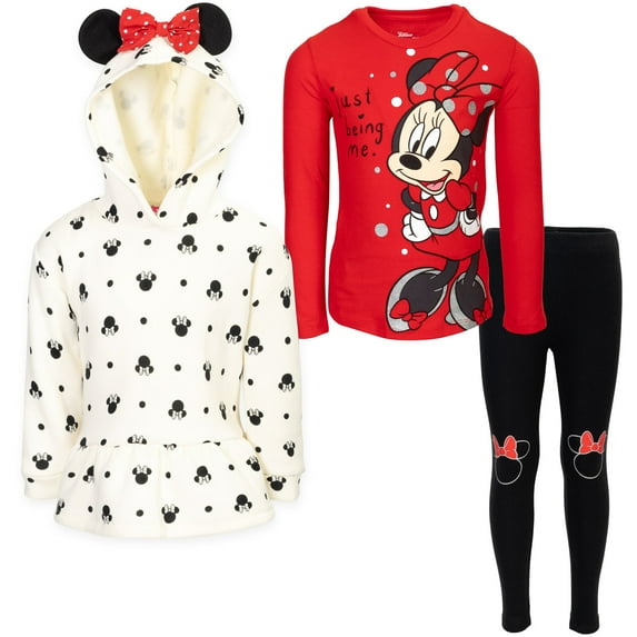 Disney Minnie Mouse Infant Baby Girls Pullover Fleece Hoodie T-Shirt and Leggings 3 Piece Outfit Set Infant to Big Kid