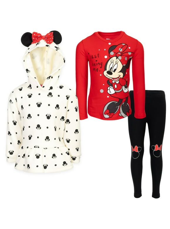 Disney Minnie Mouse Infant Baby Girls Pullover Fleece Hoodie T-Shirt and Leggings 3 Piece Outfit Set Infant to Big Kid