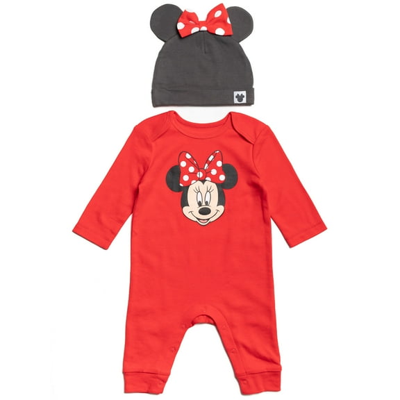 Disney Minnie Mouse Infant Baby Girls Snap Cosplay Coverall and Hat Newborn to Infant