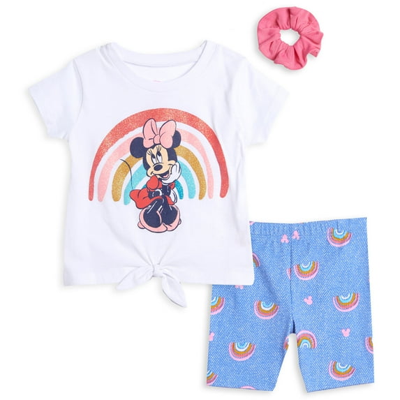 Disney Minnie Mouse Infant Baby Girls T-Shirt Bike Shorts and Scrunchie 3 Piece Outfit Set Infant to Big Kid