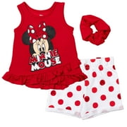 Disney Minnie Mouse Infant Baby Girls Tank Top French Terry Shorts and Scrunchie 3 Piece Outfit Set Infant to Big Kid