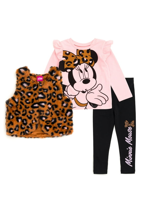 Minnie Mouse Infant Baby Girls Vest T-Shirt and Leggings 3 Piece Outfit Set Brown / Pink / Black 12 Months