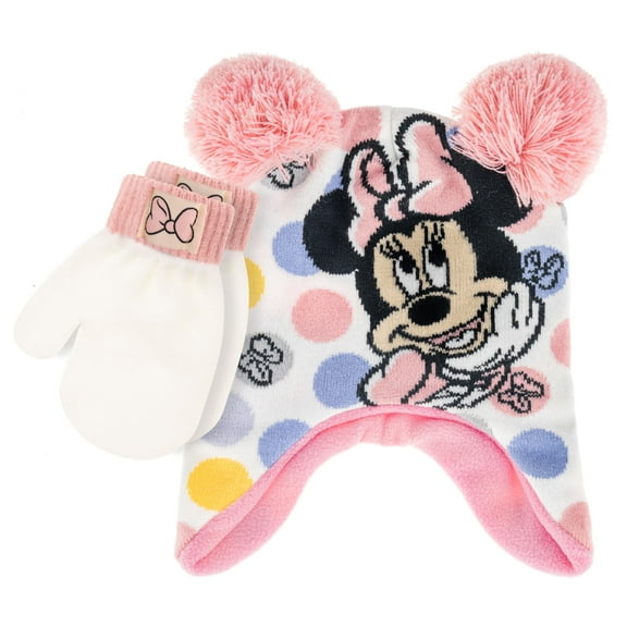 Disney Minnie Mouse Kid’s Winter Hat and Snow Gloves for Girls and Toddlers, 2 Pc. Set, Warm Fleece Lined Beanie with Bow