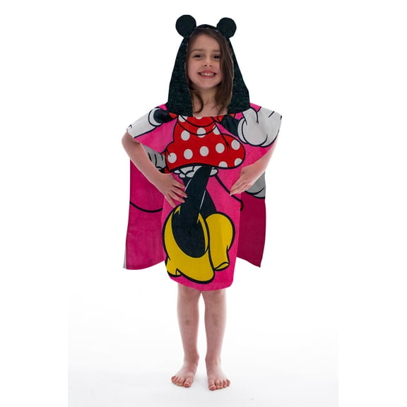Disney Minnie Mouse Kids Bath/Pool/Beach 22"x22" Hooded Poncho, 100% Cotton Beach Towel, Pink