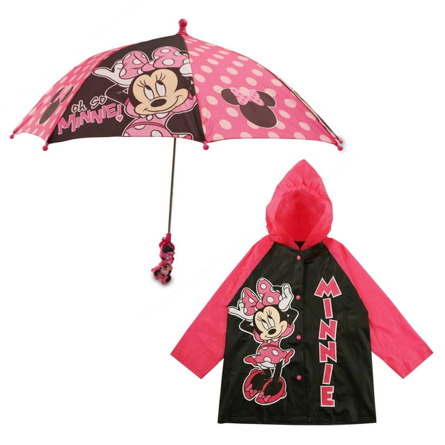 Disney Minnie Mouse Kids Umbrella with Matching Rain Poncho for Girls Ages 2-7