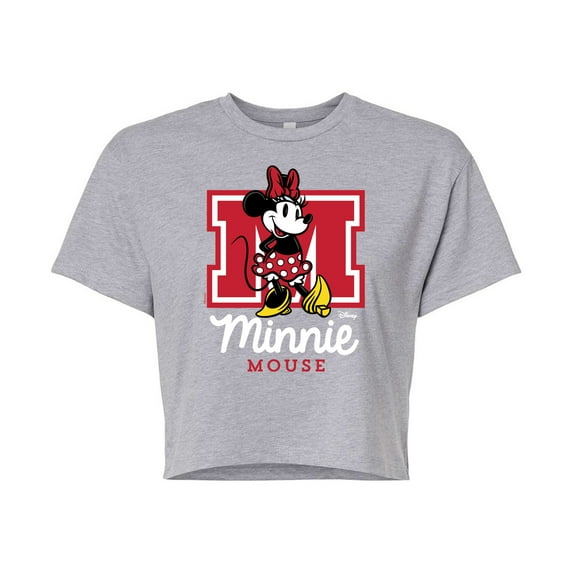 Disney - Minnie Mouse - Large Collegiate M - Juniors Cropped Cotton Blend T-Shirt