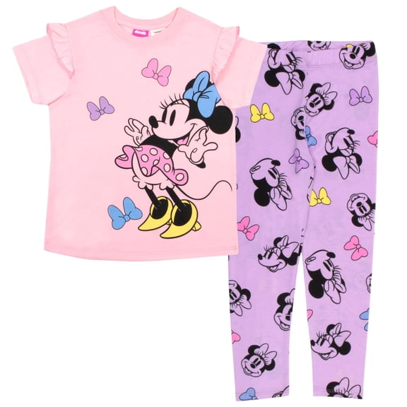 Disney Minnie Mouse, Lilo and Stitch Girls Short Sleeve T-Shirt & Leggings Pants Set, Tee & Leggings 2-Piece Bundle for Girls (Size 2T-6)