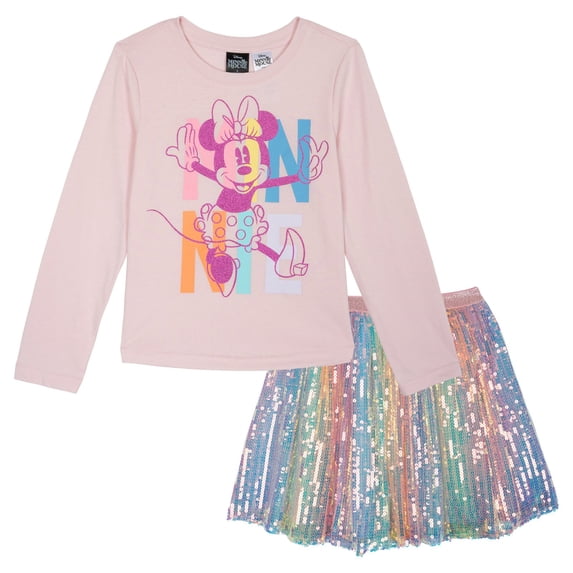 Disney Minnie Mouse Little Girls' Long Sleeve Tee and Sequin Skirt Set Pastel Pink