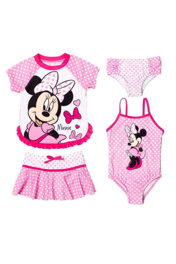 Minnie Mouse Little Girls One Piece Bathing Suit Rash Guard Modest Swimsuit Skirt and Bottom 5 Set Toddler to Big Kid