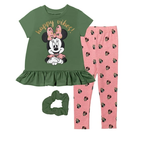 Disney Minnie Mouse Little Girls Peplum T-Shirt Leggings and Scrunchie 3 Piece Outfit Set Infant to Big Kid