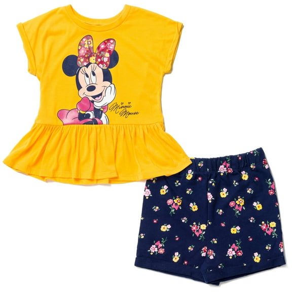 Disney Minnie Mouse Little Girls Peplum T-Shirt and French Terry Shorts Outfit Set Toddler to Little Kid