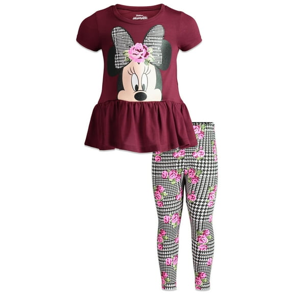 Disney Minnie Mouse Little Girls Peplum T-Shirt and Leggings Outfit Set Wine Red 6