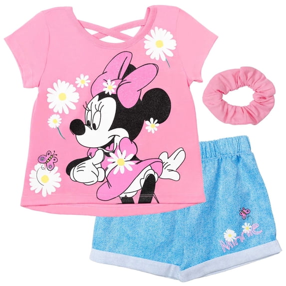 Disney Minnie Mouse Little Girls T-Shirt Shorts and Scrunchie 3 Piece Outfit Set Infant to Big Kid