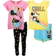 Disney Minnie Mouse Little Girls T-Shirt Tank Top Leggings and Active Retro Dolphin Shorts 4 Piece Outfit Set Toddler to Big Kid