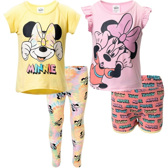 Disney Minnie Mouse Little Girls T-Shirt Tank Top Leggings and Active Retro Dolphin Shorts 4 Piece Outfit Set Toddler to Big Kid