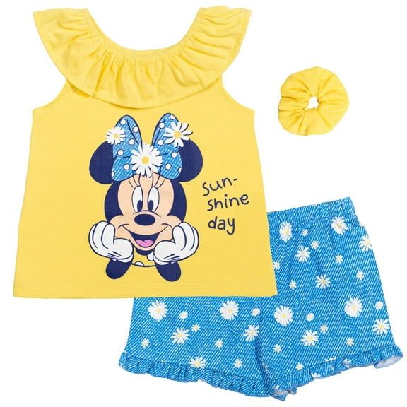 Disney Minnie Mouse Little Girls Tank Top French Terry Shorts and Scrunchie 3 Piece Outfit Set Yellow Daisies 7-8