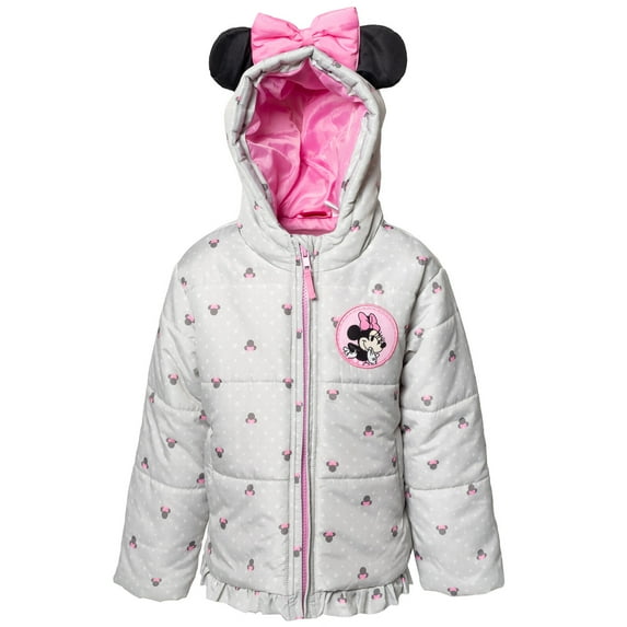 Disney Minnie Mouse Little Girls Zip Up Puffer Jacket Toddler to Little Kid