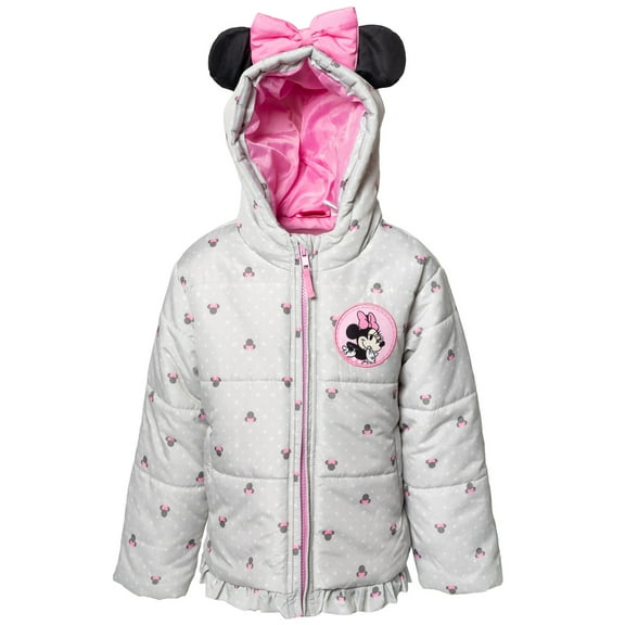Disney Minnie Mouse Little Girls Zip Up Puffer Jacket Toddler to Little Kid