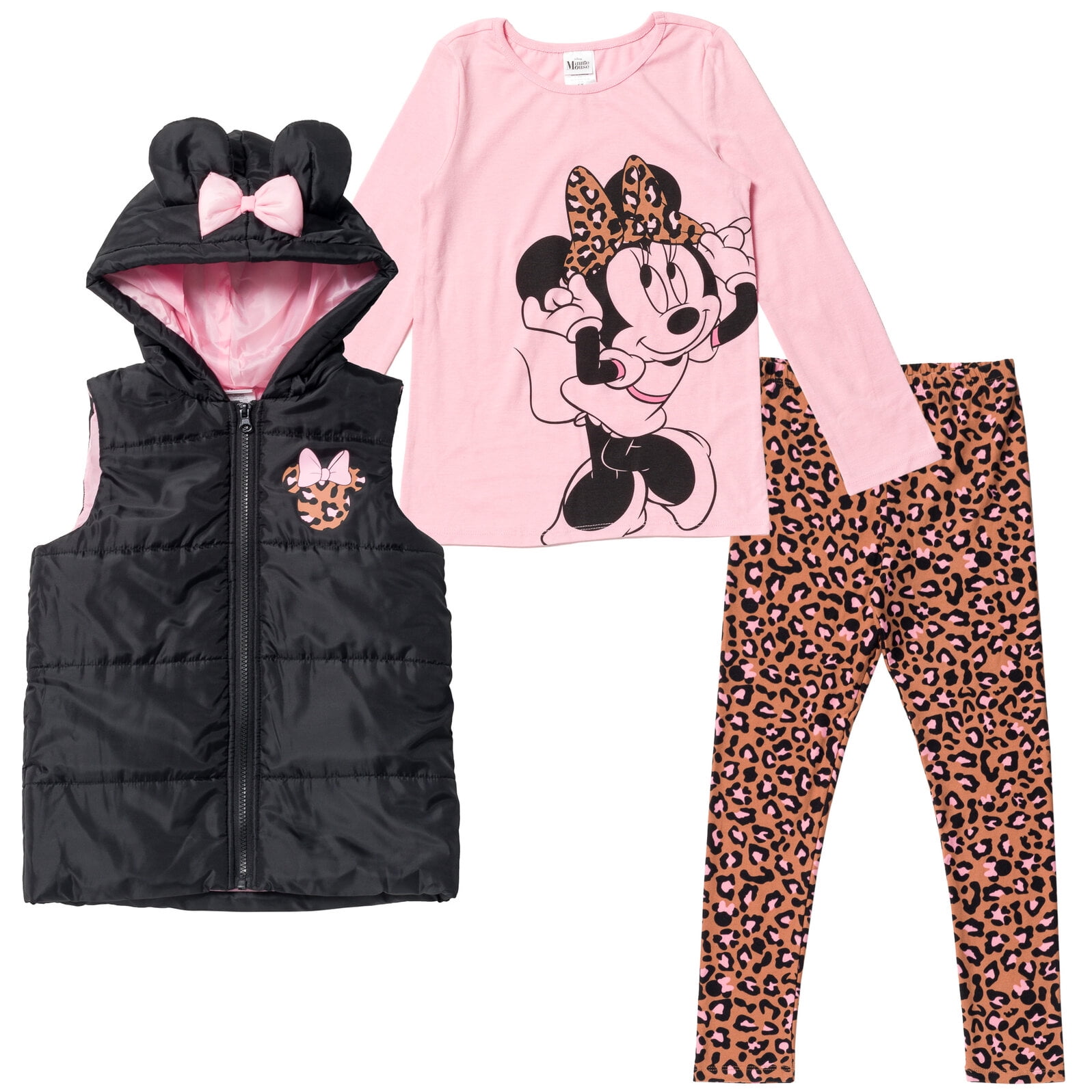 Disney Minnie Mouse Little Girls Zip Up Vest Puffer T-Shirt and Leggings 3 Piece Outfit Set Infant to Big Kid