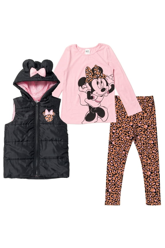 Minnie Mouse Little Girls Zip Up Vest Puffer T-Shirt and Leggings 3 Piece Outfit Set Infant to Big Kid