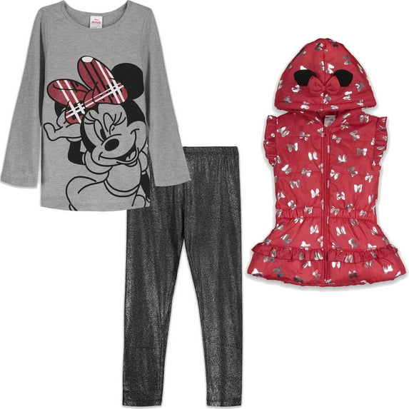 Disney Minnie Mouse Little Girls Zip Up Vest Puffer T-Shirt and Leggings 3 Piece Outfit Set Toddler to Big Kid
