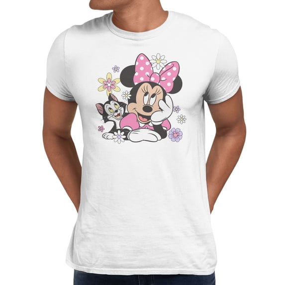 Disney Minnie Mouse Men's Cat Flowers T-Shirt (Bright White, S-XXXL)