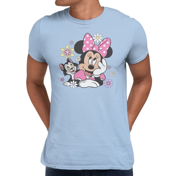 Disney Minnie Mouse Men's Cat Flowers T-Shirt (Light Blue, S-XXXL)