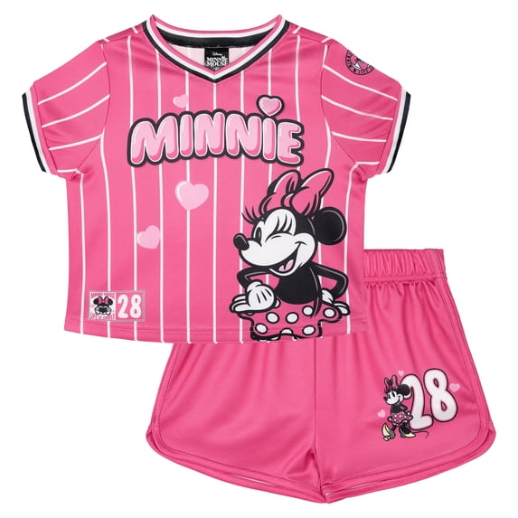 Disney Minnie Mouse Mesh Baseball Jersey Athletic V-neck T-Shirt and Shorts Outfit Set Toddler to Little Kid