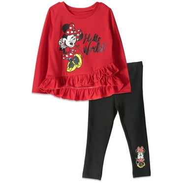 Disney Minnie Mouse Little Girls Crossover T-Shirt and Leggings Outfit Set Red / Black Ruffle 7-8
