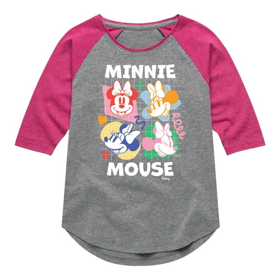 Disney - Minnie Mouse Multicolored Grid - Toddler & Youth Girls Raglan Graphic T-Shirt