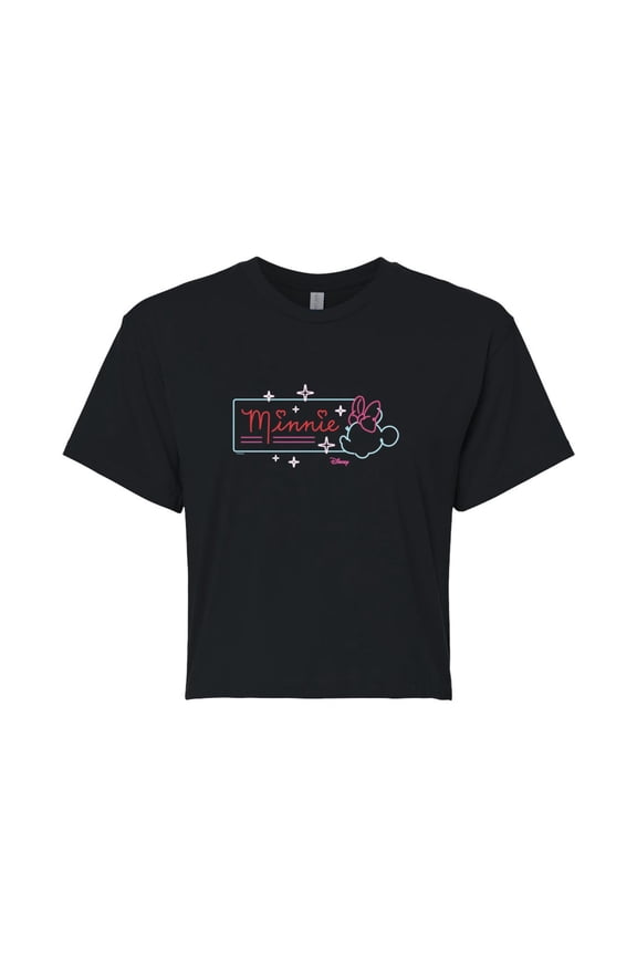 - Minnie Mouse - Neon Minnie Sign - Juniors Cropped Cotton Blend T-Shirt