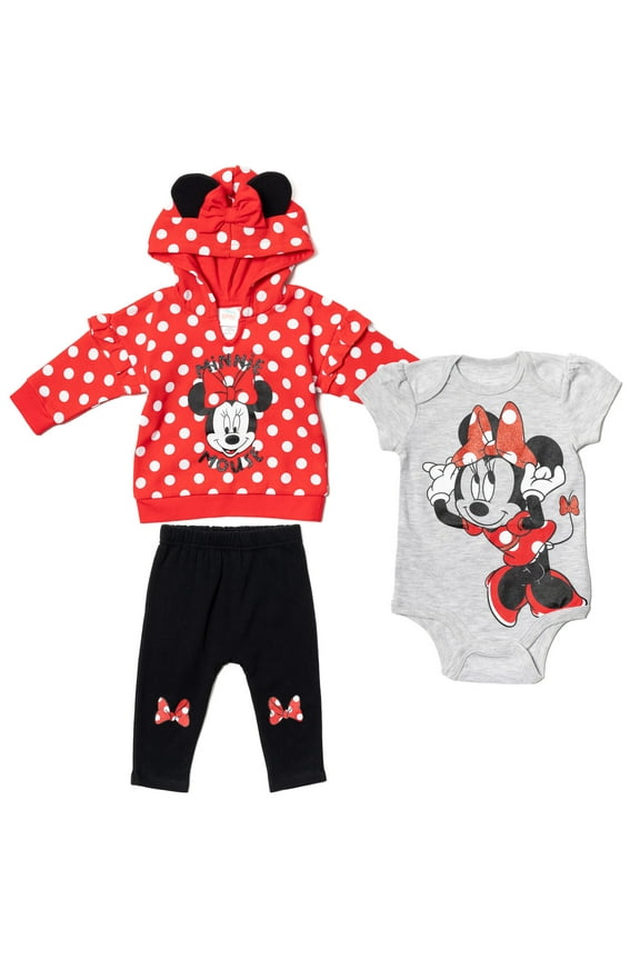 Minnie Mouse Newborn Baby Boy or Girl Cosplay Pullover Fleece Hoodie Bodysuit and Pants 3 Piece Outfit Set Newborn to Infant