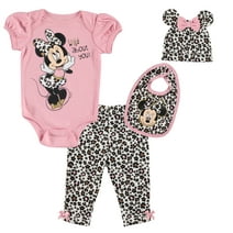 Disney Minnie Mouse Newborn Baby Girls Bodysuit Pants Bib and Hat 4 Piece Outfit Set Newborn to Infant