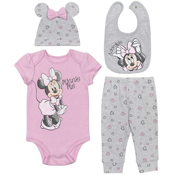 Disney Minnie Mouse Newborn Baby Girls Cosplay Bodysuit Pants Bib and Hat 4 Piece Outfit Set Newborn to Infant