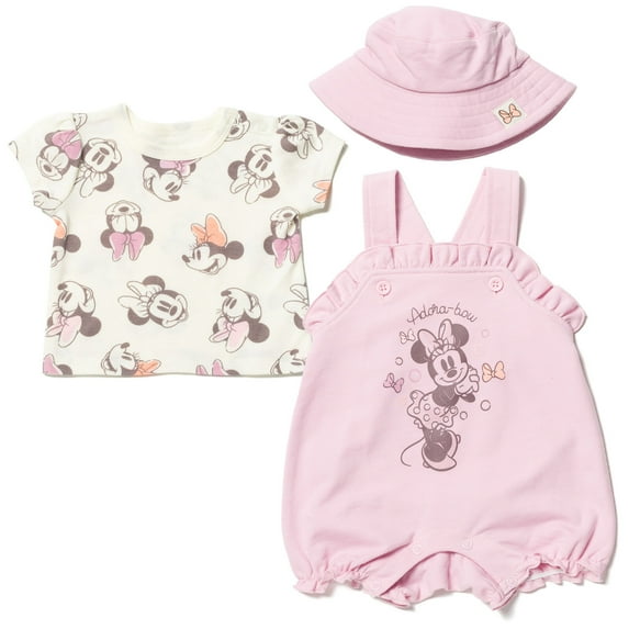 Disney Minnie Mouse Newborn Baby Girls French Terry Short Overalls T-Shirt and Hat 3 Piece Outfit Set Newborn to Infant